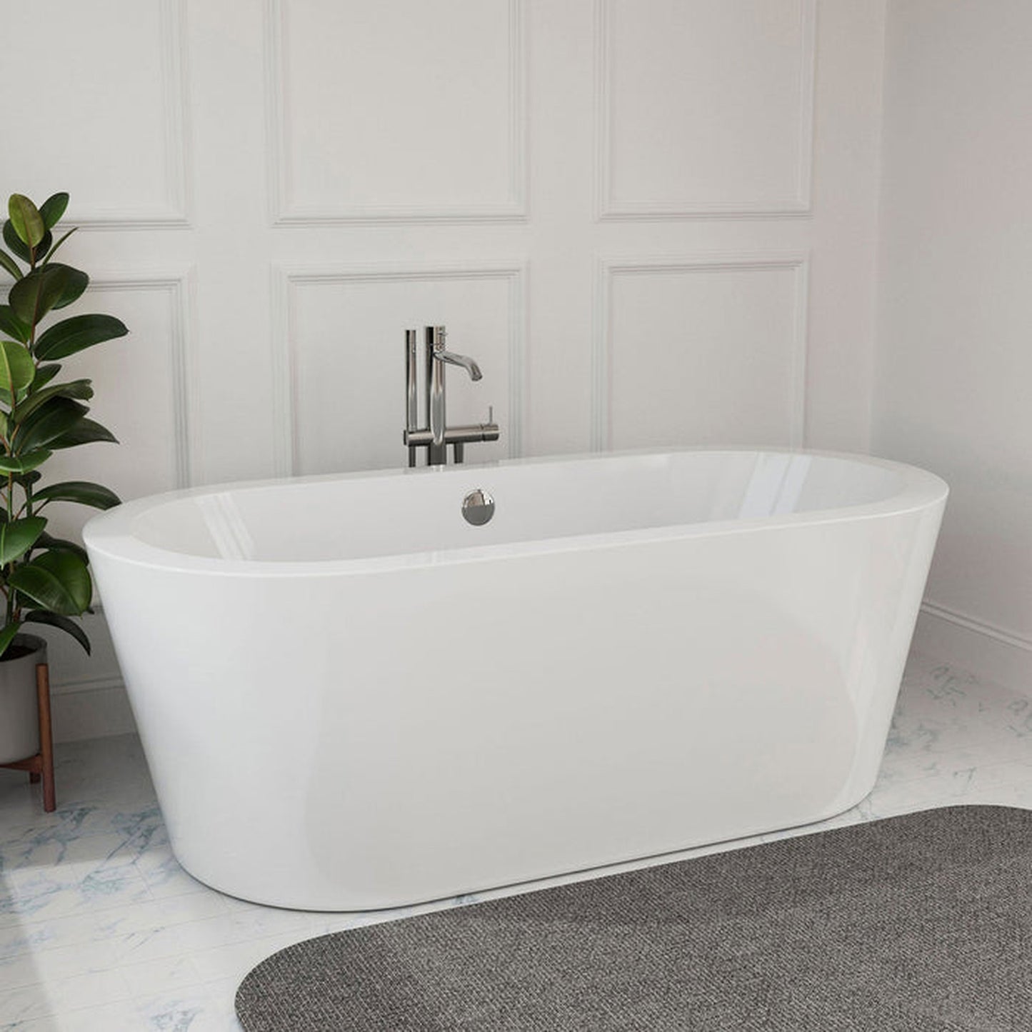 Empava 59" Glossy White Freestanding Oval Soaking Bathtub With Center Drain