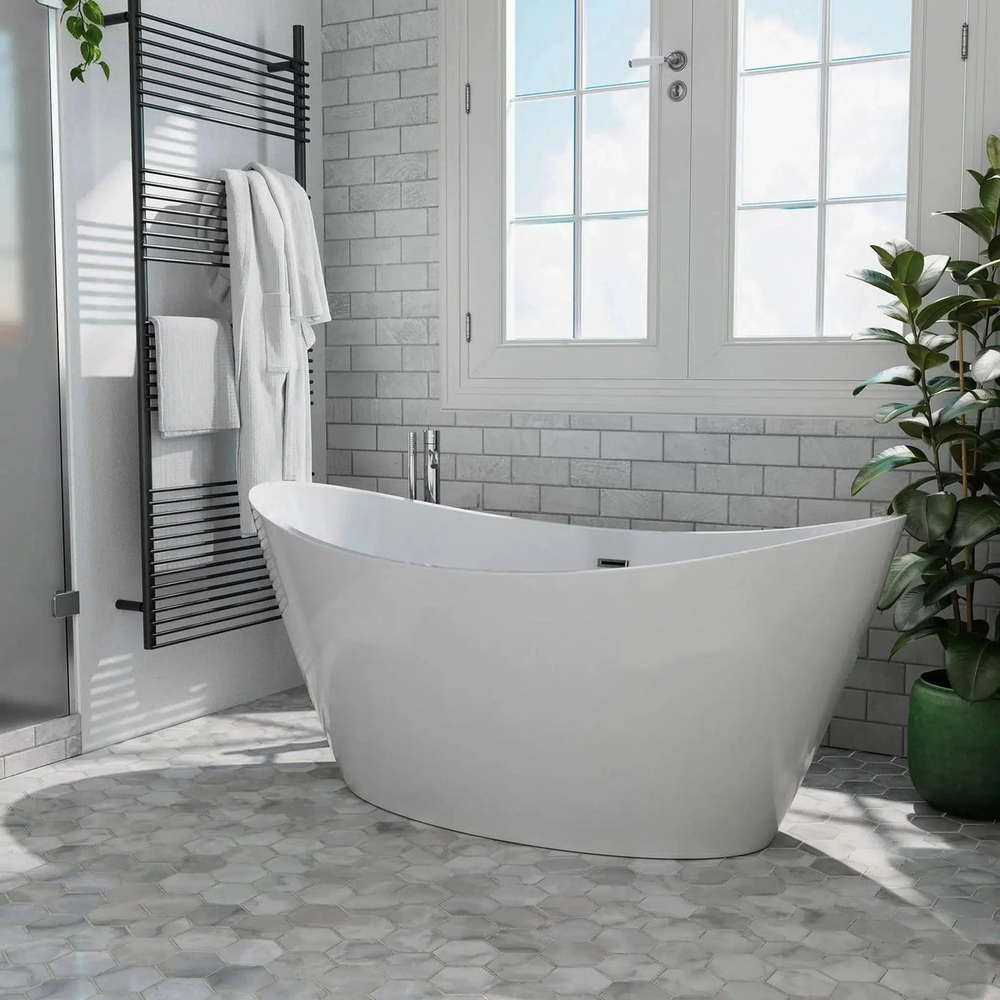 Empava 59" Glossy White Freestanding Oval Soaking Bathtub With Center Drain