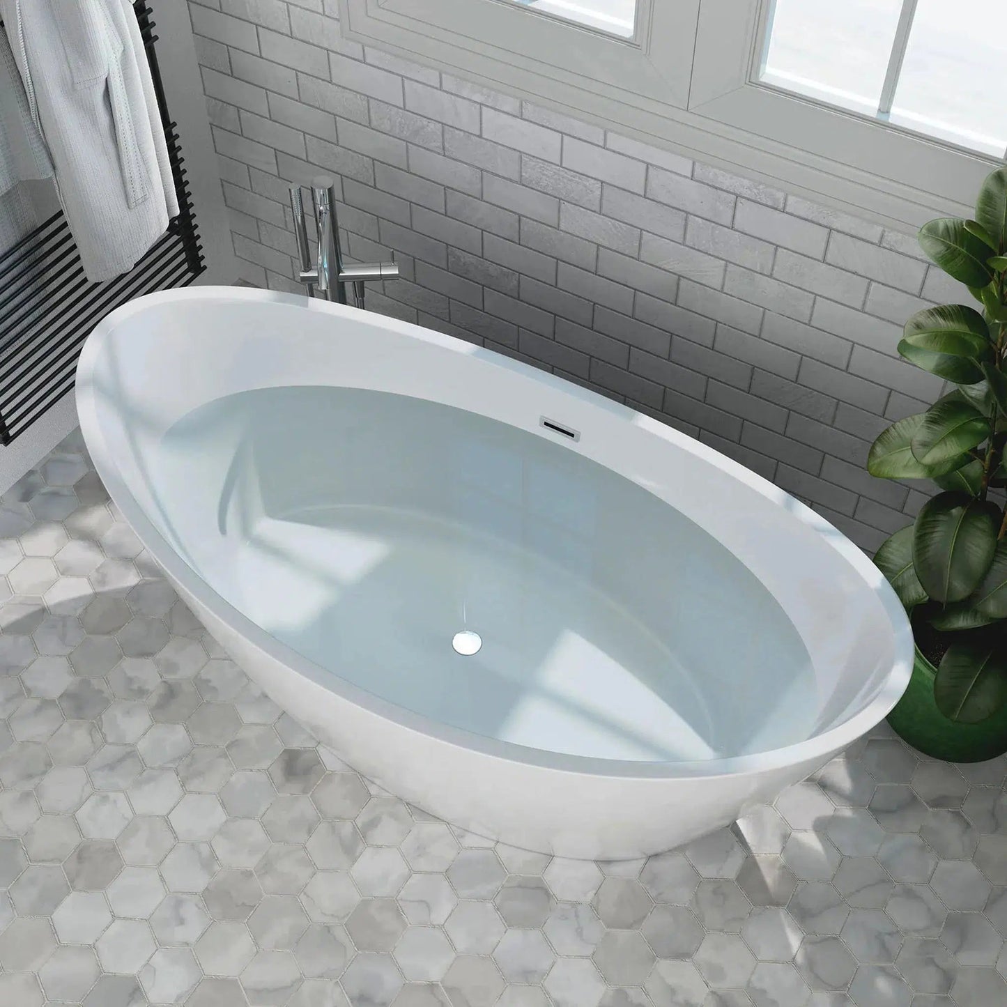 Empava 59" Glossy White Freestanding Oval Soaking Bathtub With Center Drain