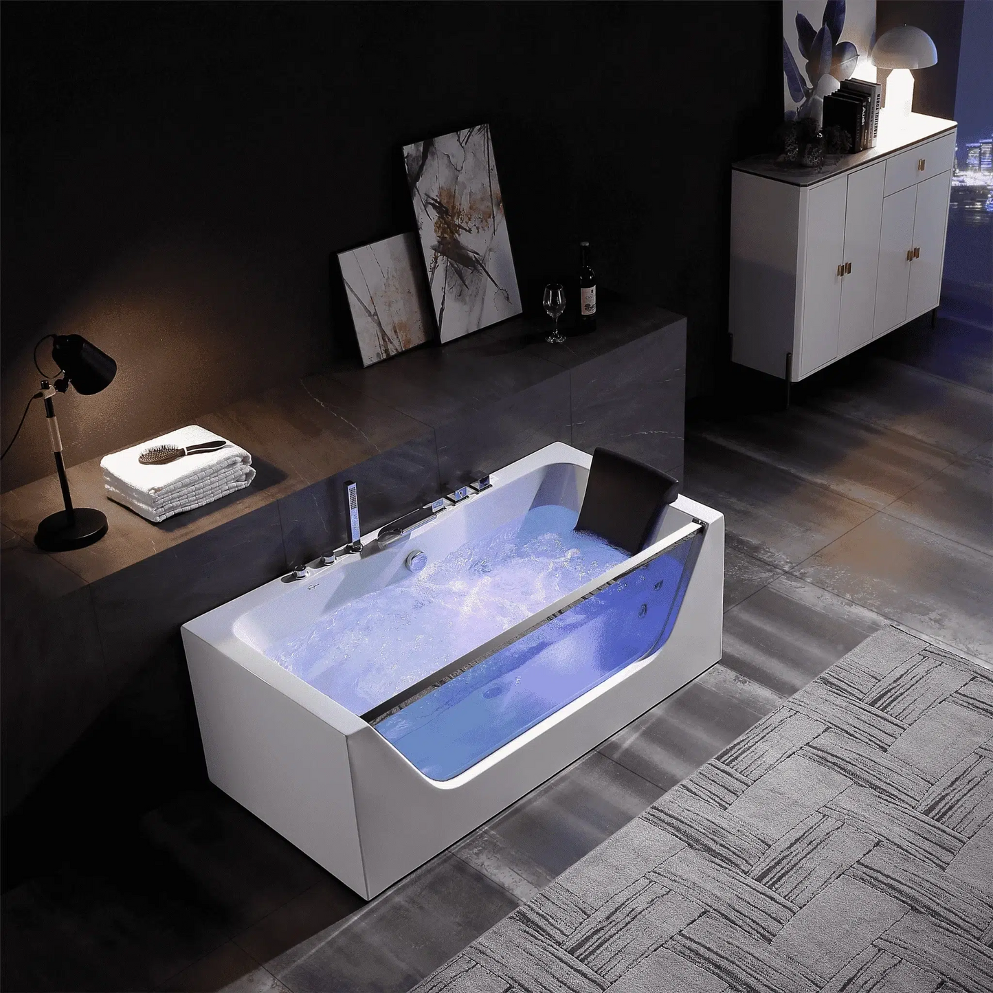 Empava 59" Rectangular Combination Massage Alcove Bathtub With Glass Facade