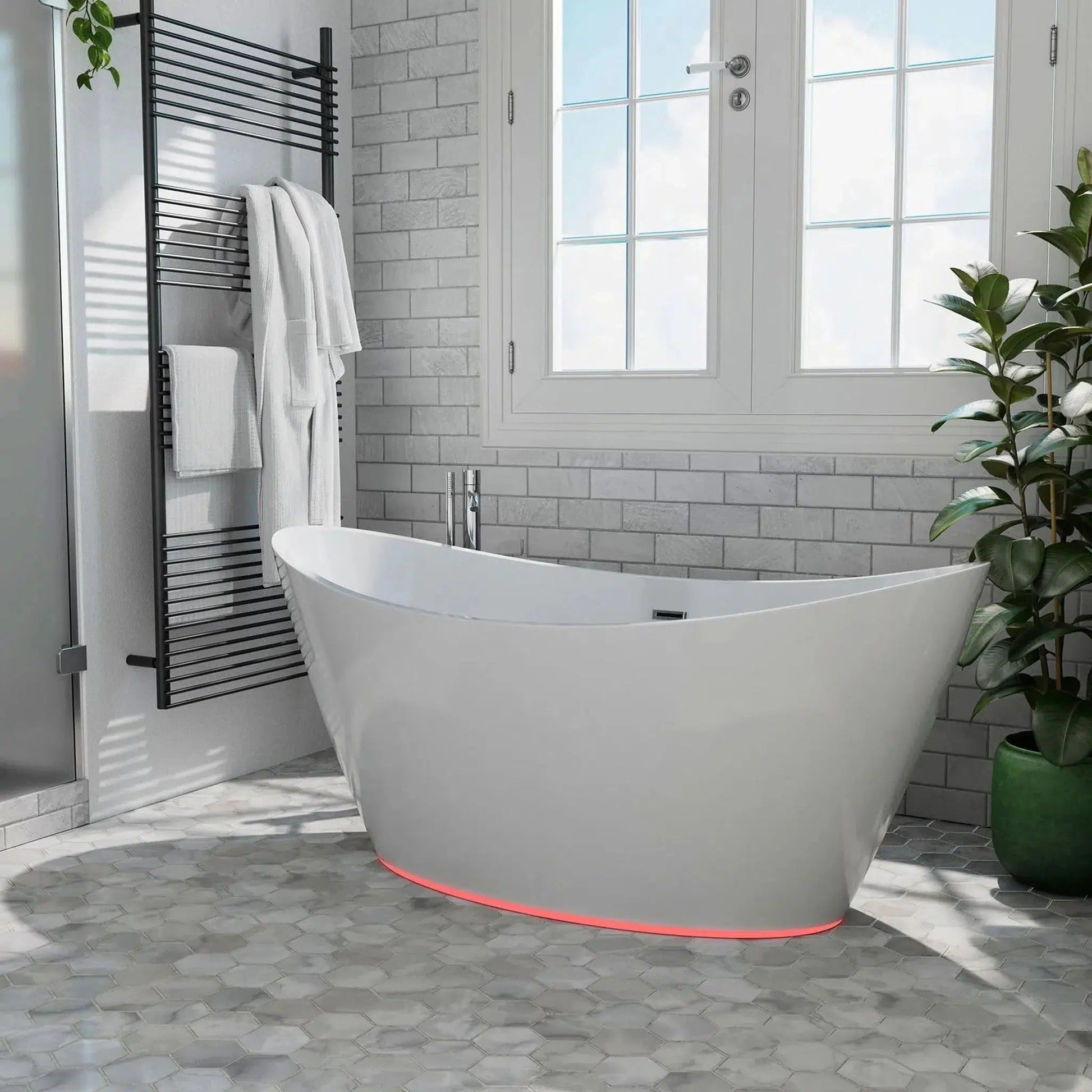 Empava 59" White Freestanding Oval Soaking Bathtub With LED Strip Below With Center Drain