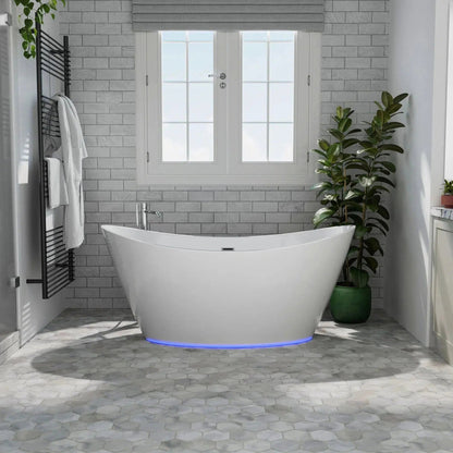 Empava 59" White Freestanding Oval Soaking Bathtub With LED Strip Below With Center Drain