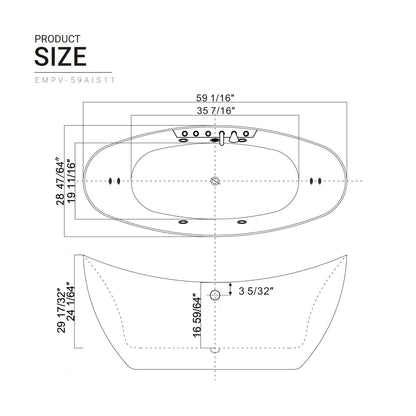 Empava 59" White Freestanding Oval Whirlpool Bathtub With Center Drain