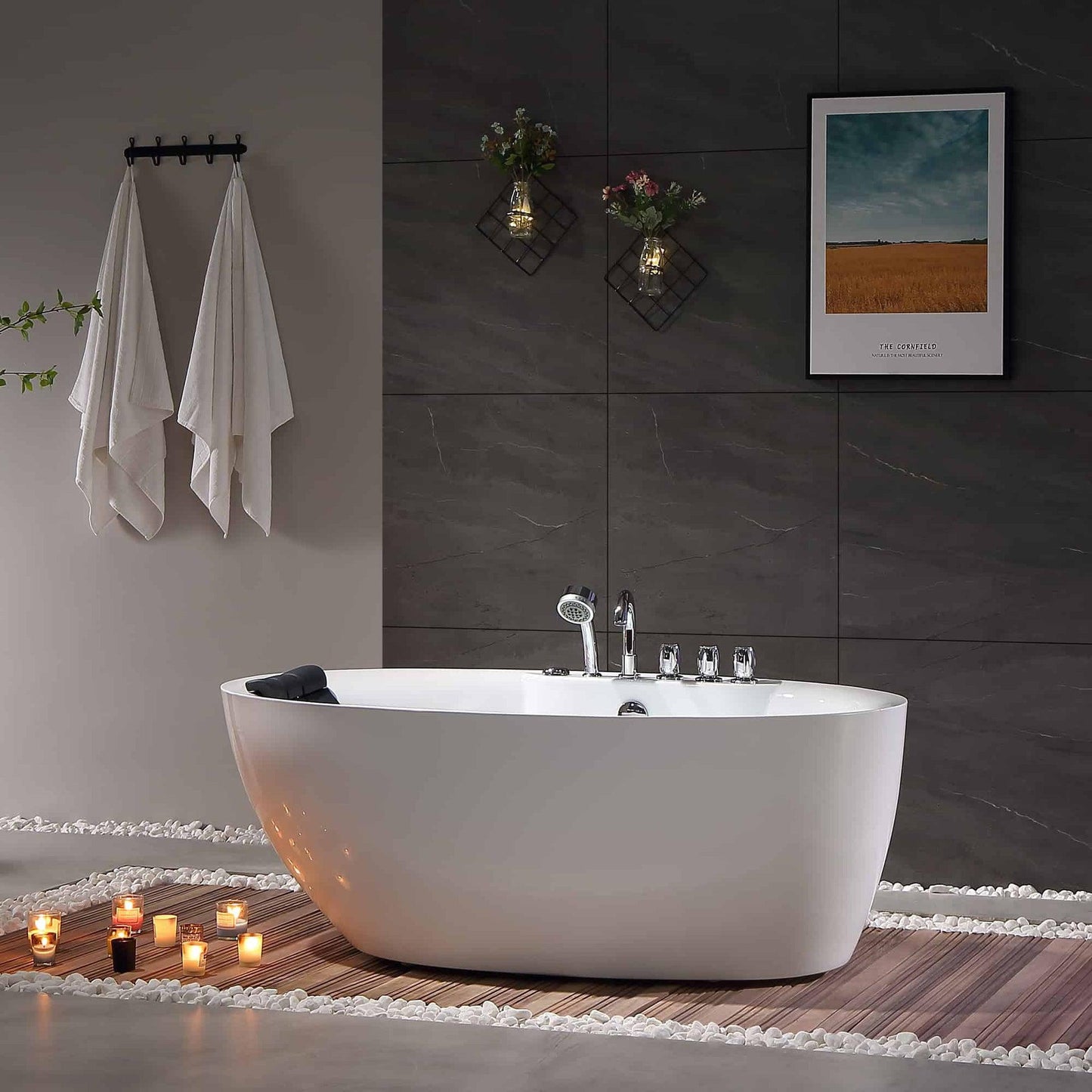 Empava 59" White Freestanding Oval Whirlpool Bathtub With Reversible Drain