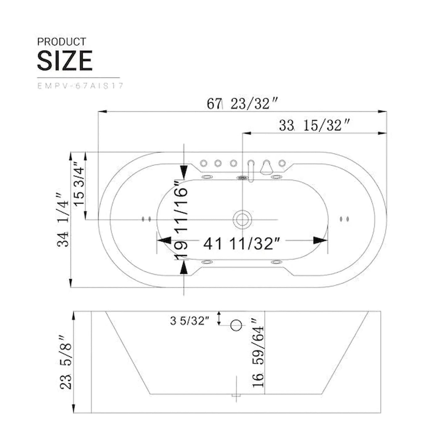 Empava 67" 2-Person White Freestanding Oval Whirlpool Bathtub With Center Drain