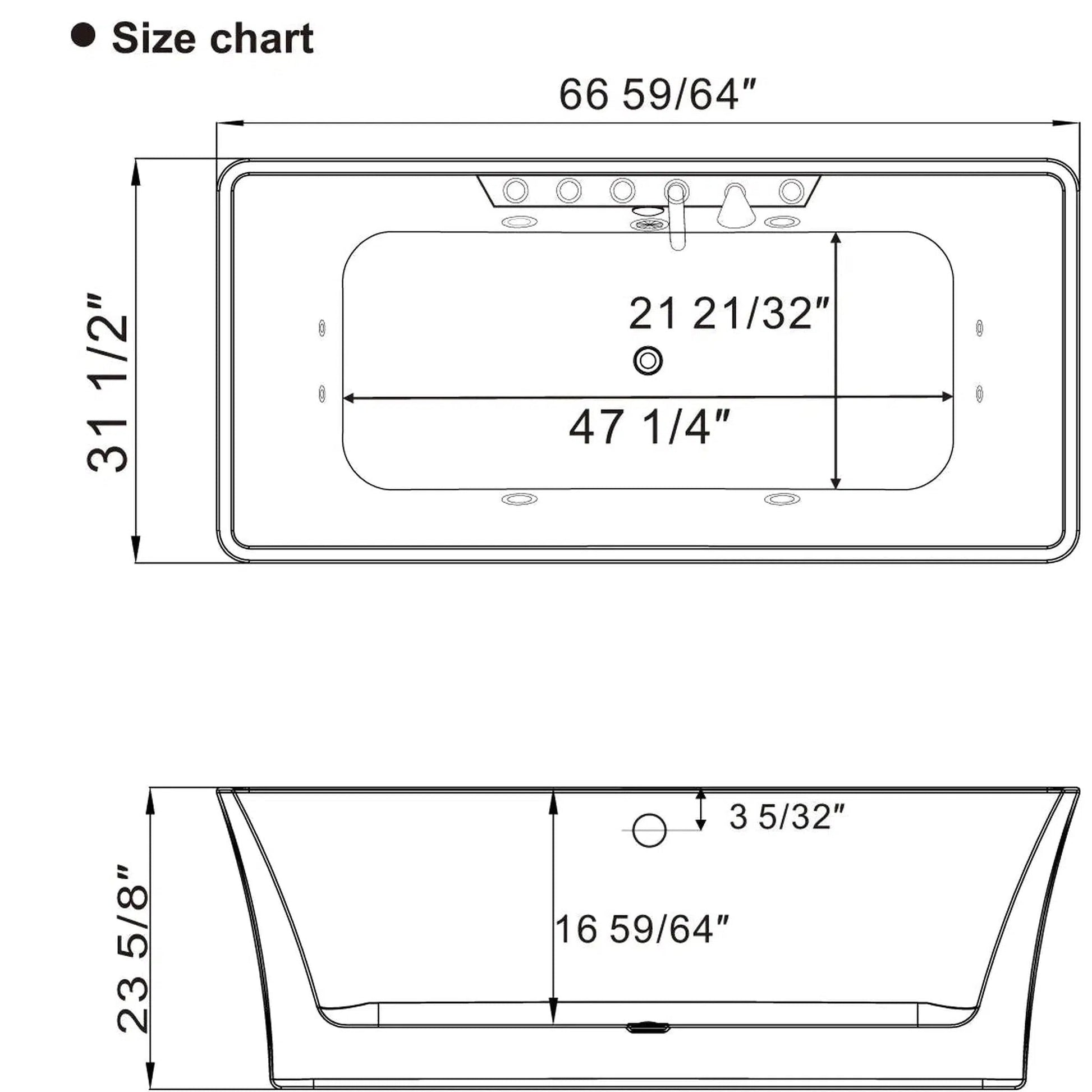 Empava 67" 2-Person White Freestanding Rectangular Whirlpool Bathtub With Center Drain