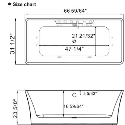 Empava 67" 2-Person White Freestanding Rectangular Whirlpool Bathtub With Center Drain