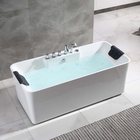 Empava 67" 2-Person White Freestanding Rectangular Whirlpool Bathtub With Center Drain