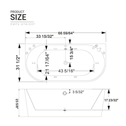 Empava 67" 2-Person White Neo-Angle Whirlpool Bathtub With Center Drain