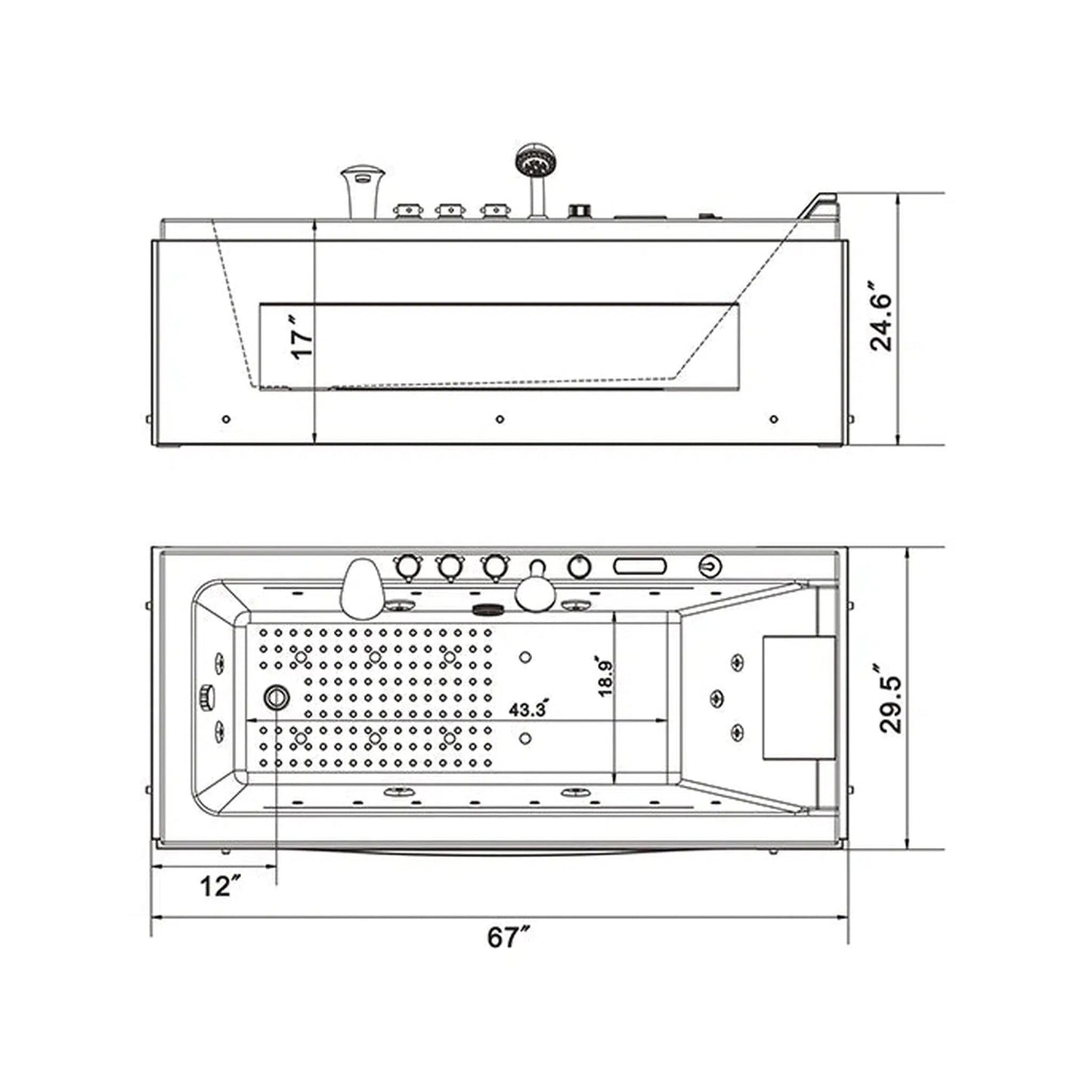 Empava 67" Alcove Rectangular Combination Massage Thermostatic LED Tub With Left Drain