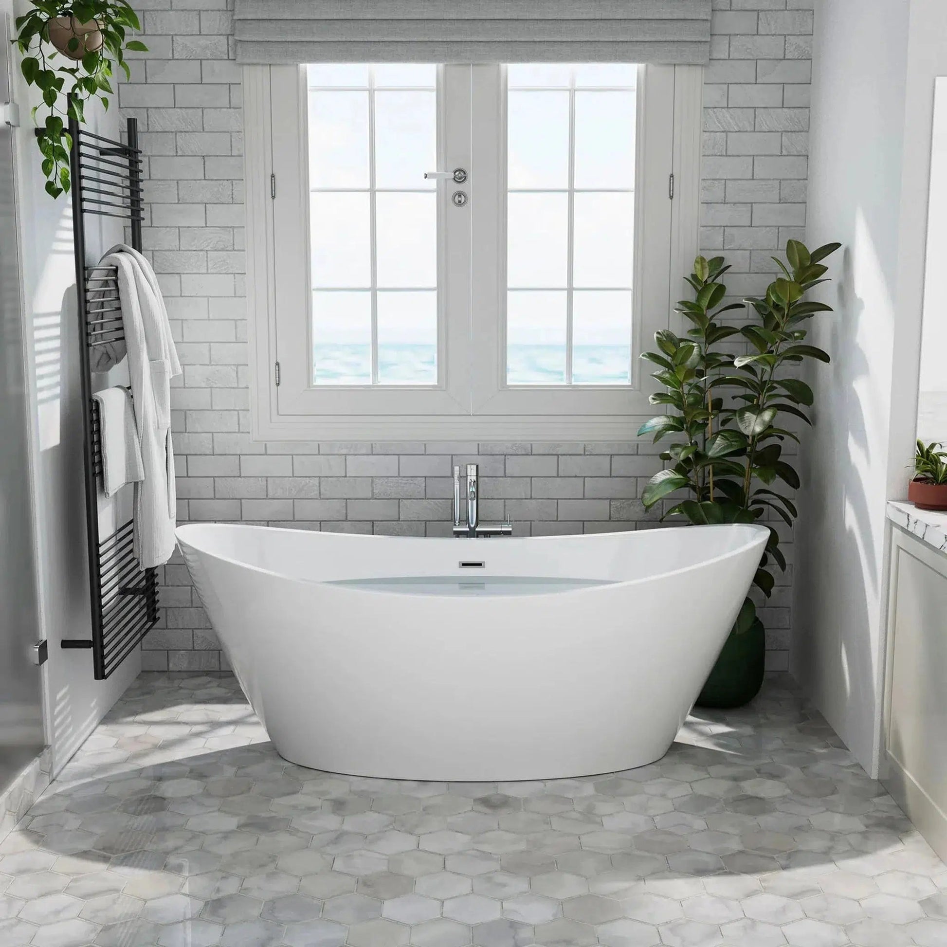 Empava 67" Glossy White Freestanding Oval Soaking Bathtub With Center Drain