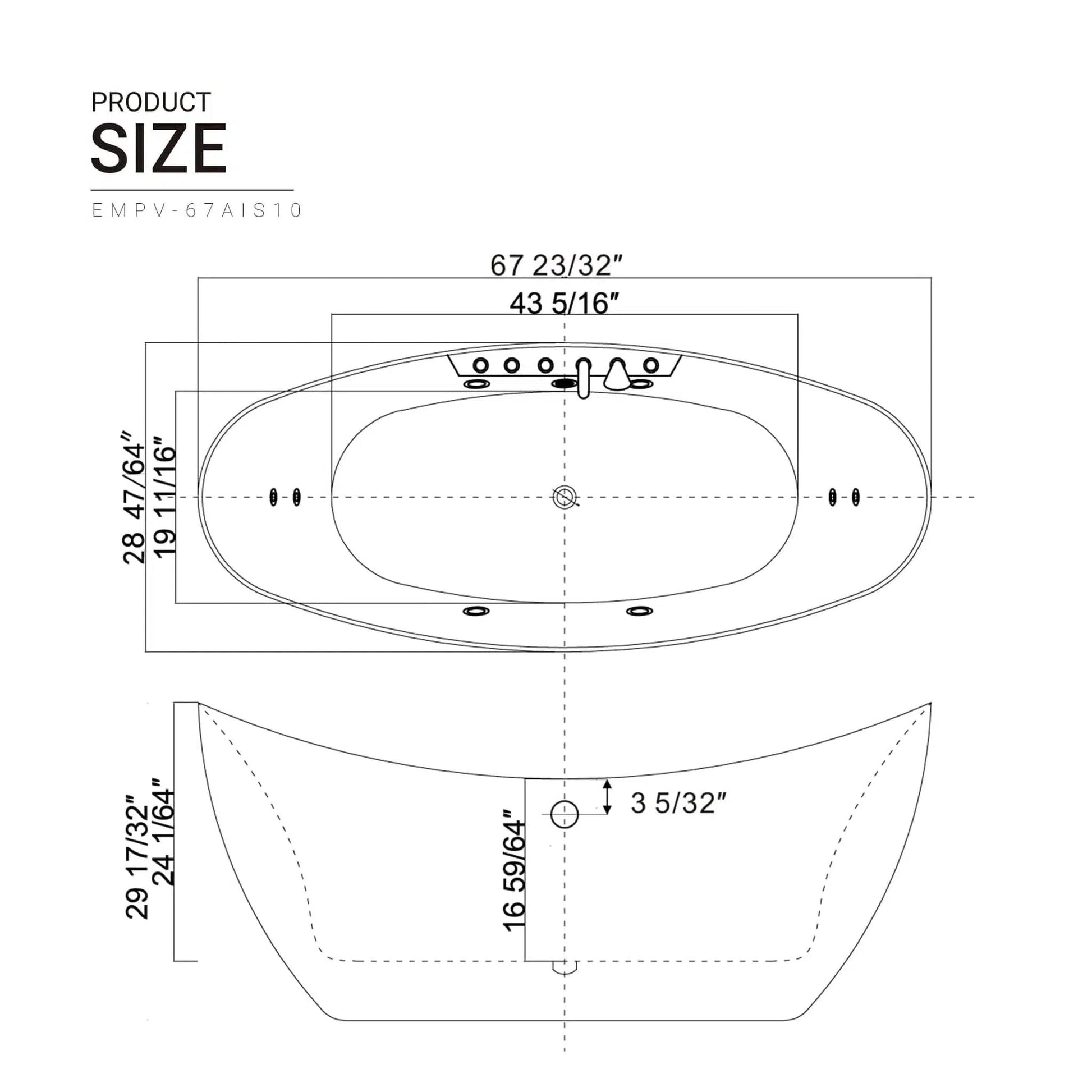 Empava 67" White Freestanding Oval Whirlpool Bathtub With Center Drain