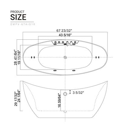 Empava 67" White Freestanding Oval Whirlpool Bathtub With Center Drain