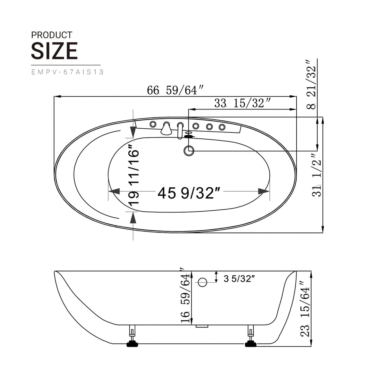 Empava 67" White Freestanding Oval Whirlpool Bathtub With Center Drain