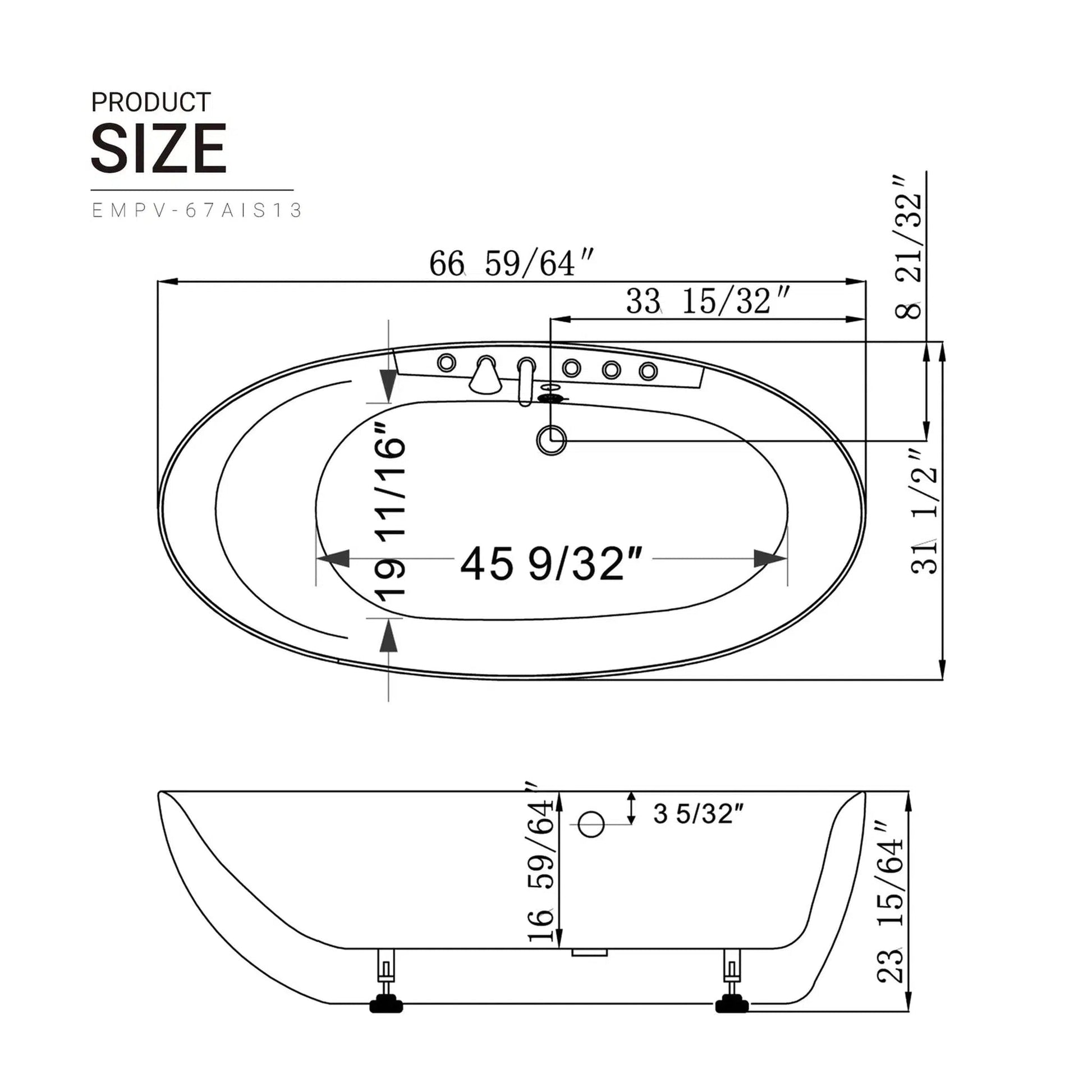 Empava 67" White Freestanding Oval Whirlpool Bathtub With Center Drain