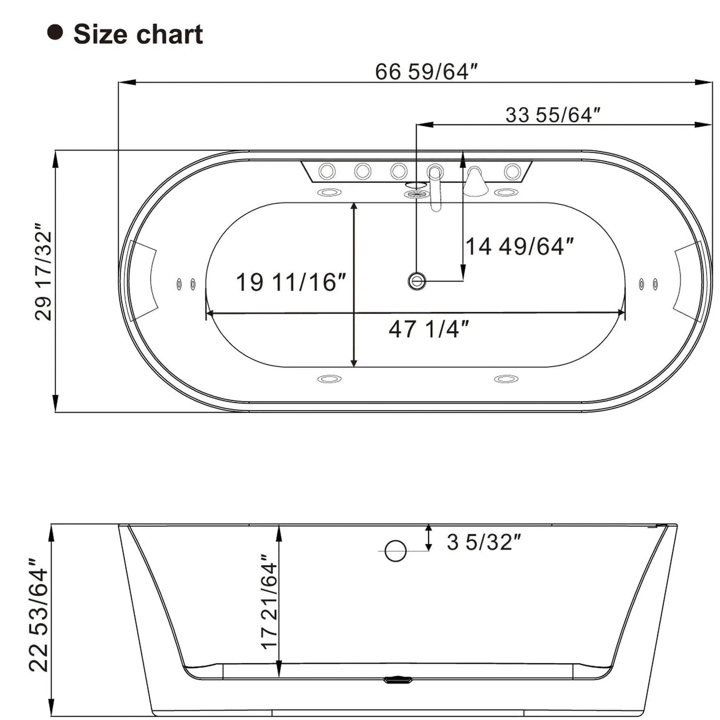 Empava 67" White Freestanding Oval Whirlpool Bathtub With Center Drain