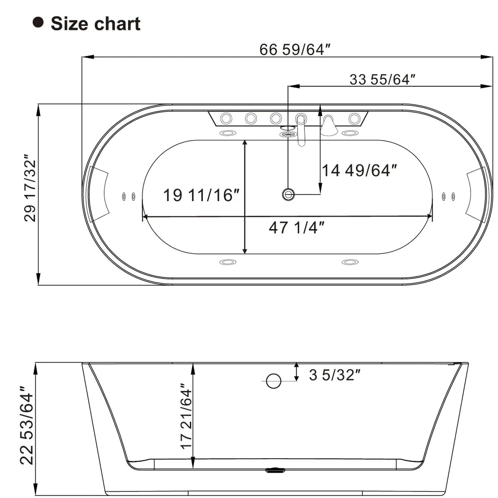 Empava 67" White Freestanding Oval Whirlpool Bathtub With Center Drain