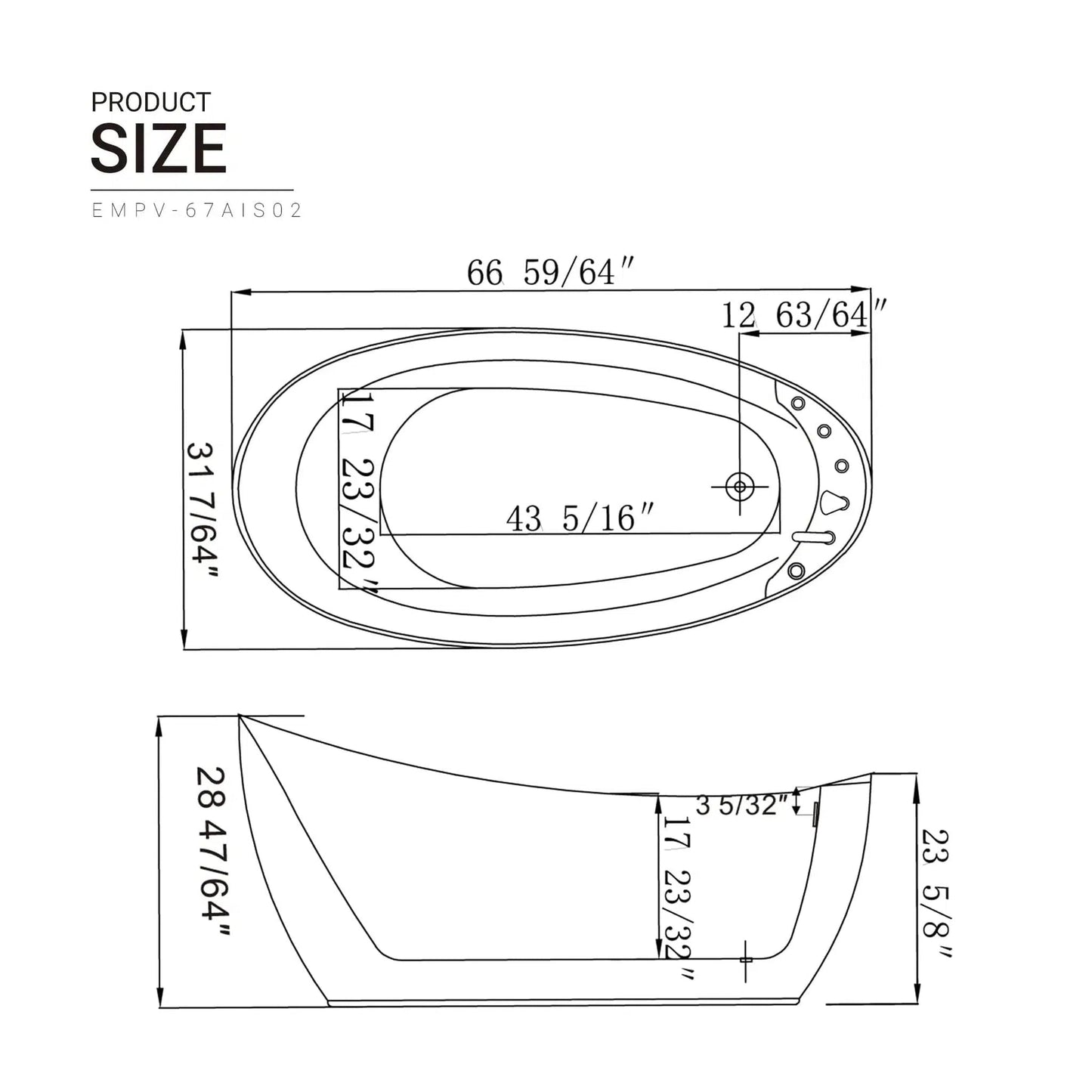 Empava 67" White Freestanding Oval Whirlpool Bathtub With Reversible Drain