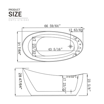 Empava 67" White Freestanding Oval Whirlpool Bathtub With Reversible Drain