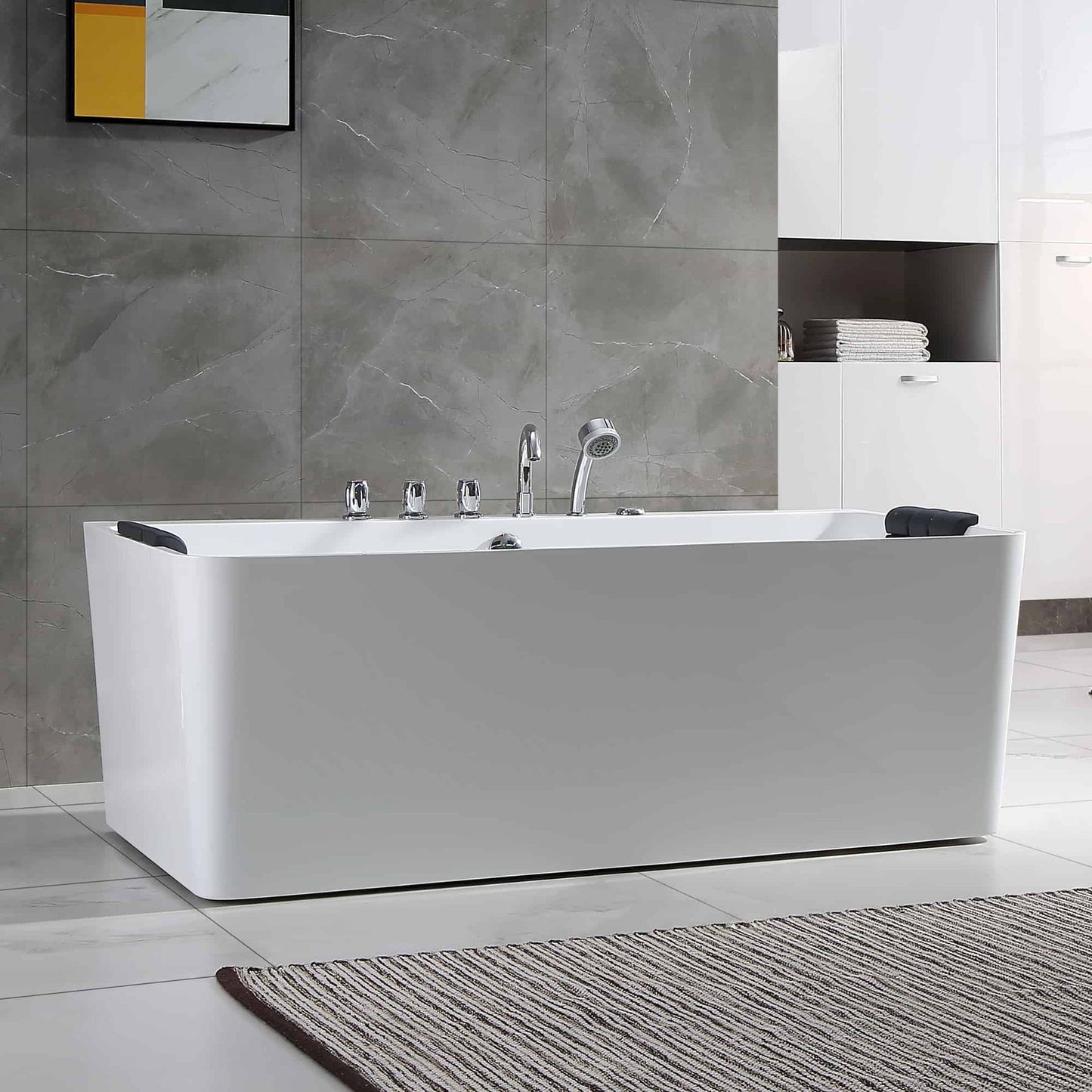 Empava 67" White Freestanding Rectangular Whirlpool Bathtub With Center Drain