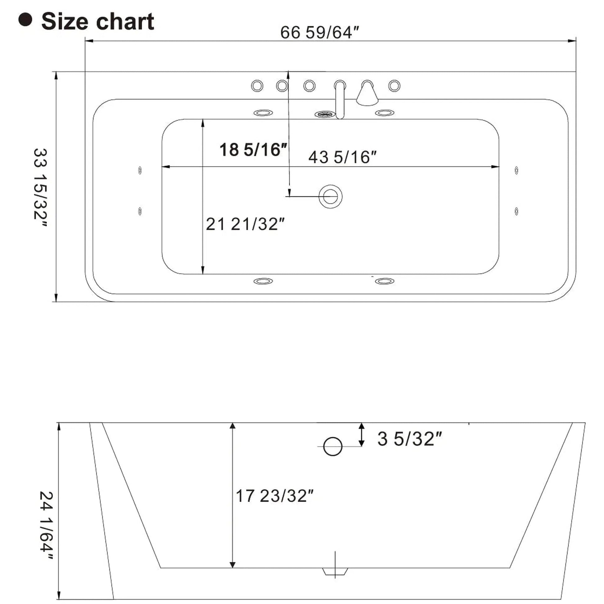 Empava 67" White Freestanding Rectangular Whirlpool Bathtub With Center Drain