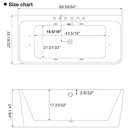 Empava 67" White Freestanding Rectangular Whirlpool Bathtub With Center Drain