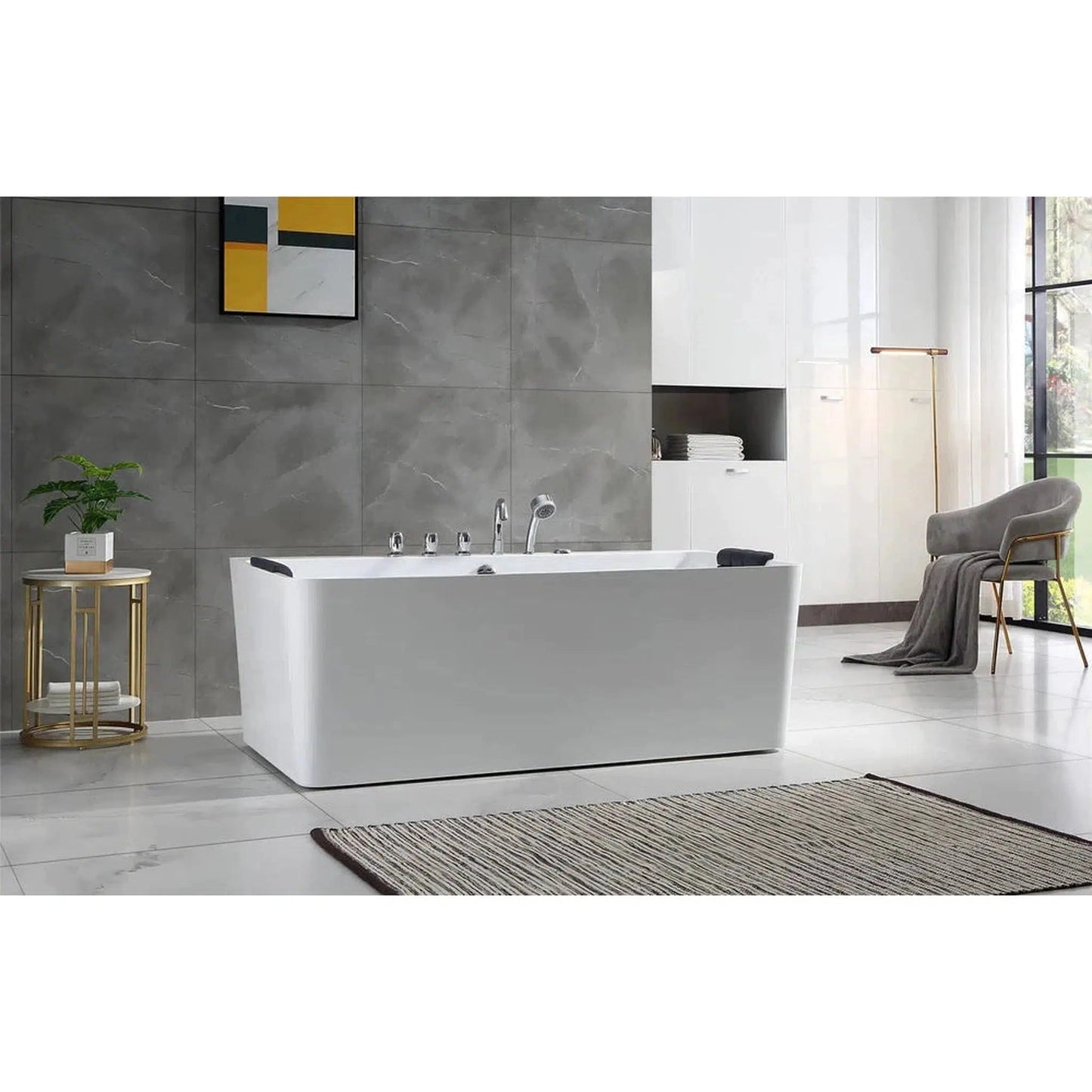 Empava 67" White Freestanding Rectangular Whirlpool Bathtub With Center Drain