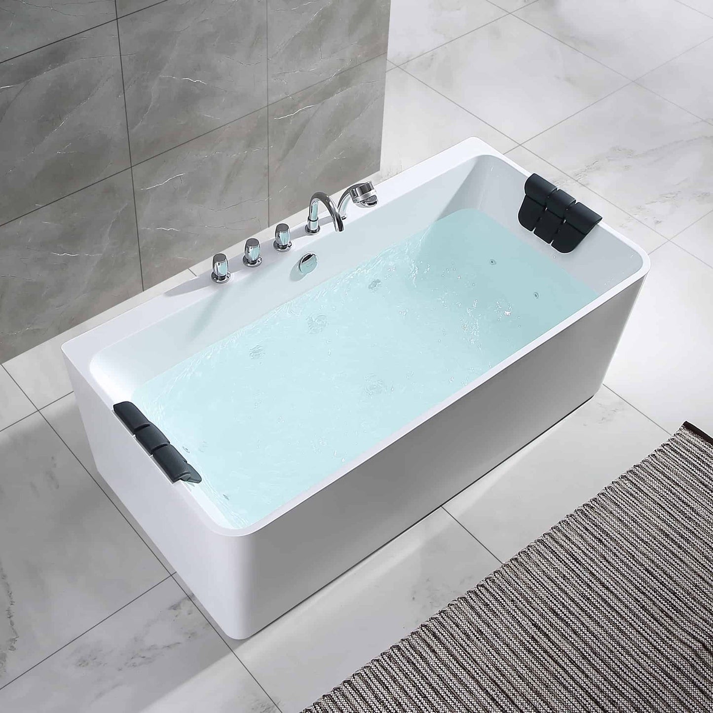 Empava 67" White Freestanding Rectangular Whirlpool Bathtub With Center Drain