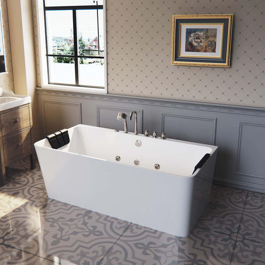 Empava 67" White Freestanding Rectangular Whirlpool Bathtub With Center Drain