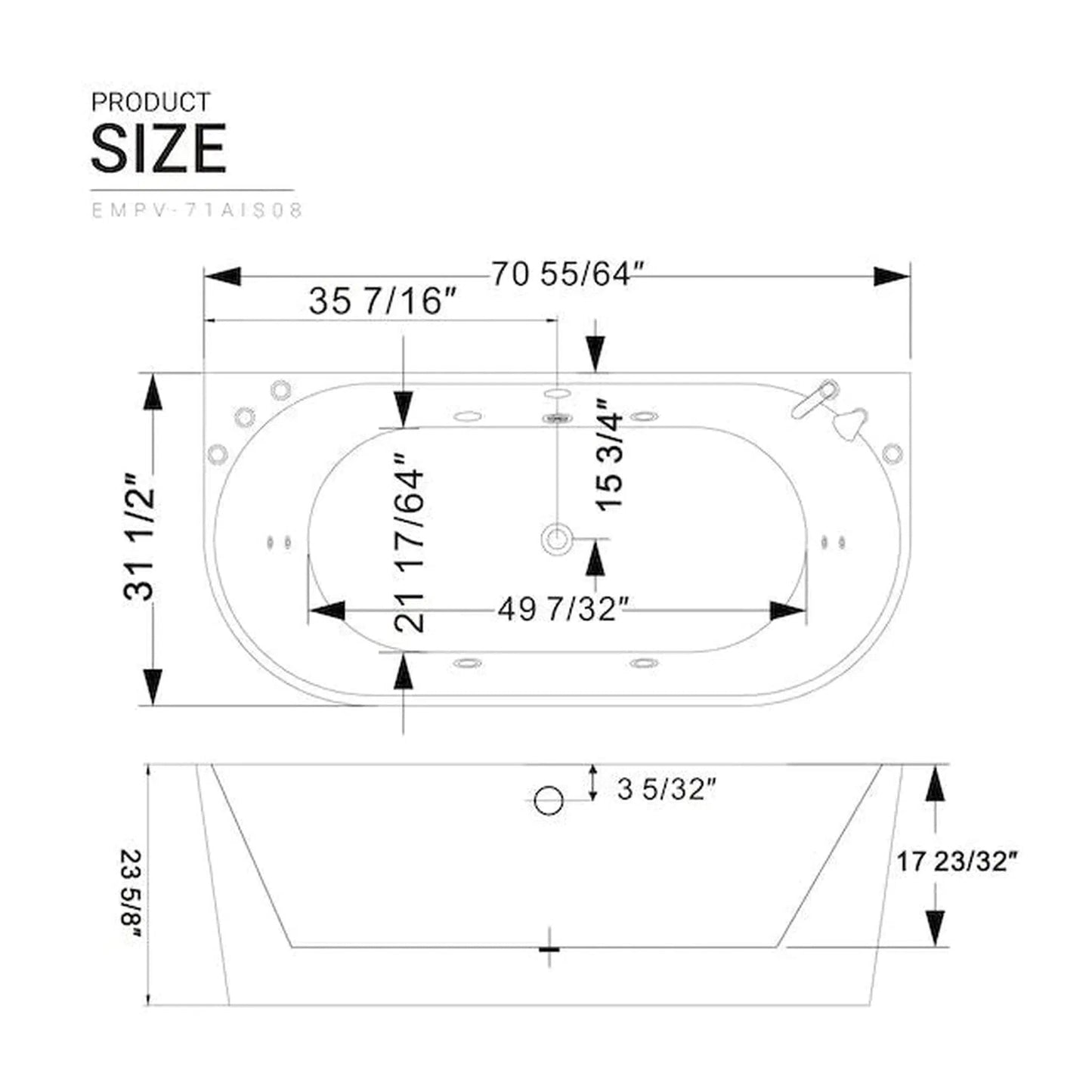 Empava 71" 2-Person White Neo-Angle Whirlpool Bathtub With Center Drain