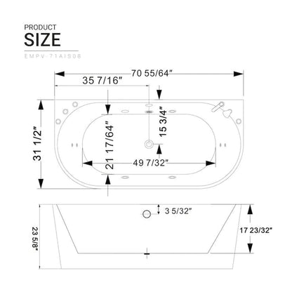 Empava 71" 2-Person White Neo-Angle Whirlpool Bathtub With Center Drain