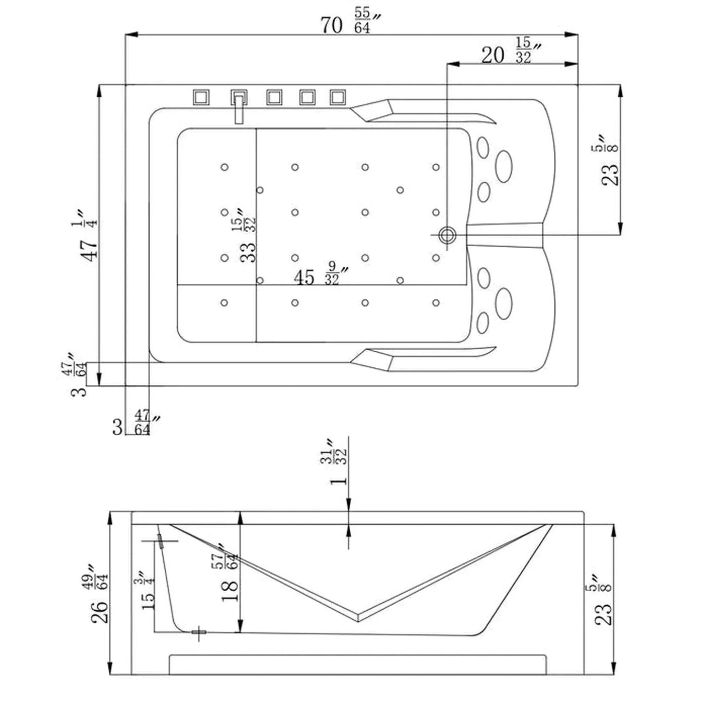 Empava 71" Alcove Rectangular Luxury 2-Person Hydromassage Bathtub