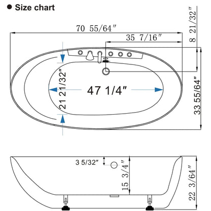 Empava 71" White Freestanding Oval Whirlpool Bathtub With Center Drain