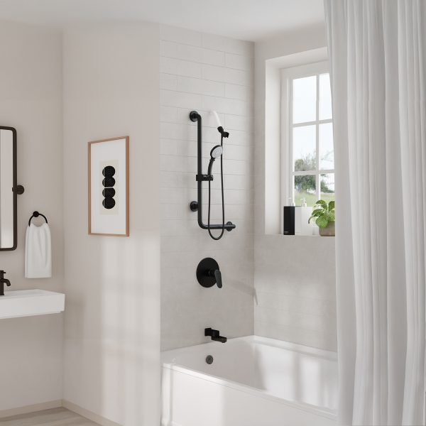 PULSE ShowerSpas Ergo Left Installation Matte Black Slide Bar and Grab Bar With Multi-Function Handshower