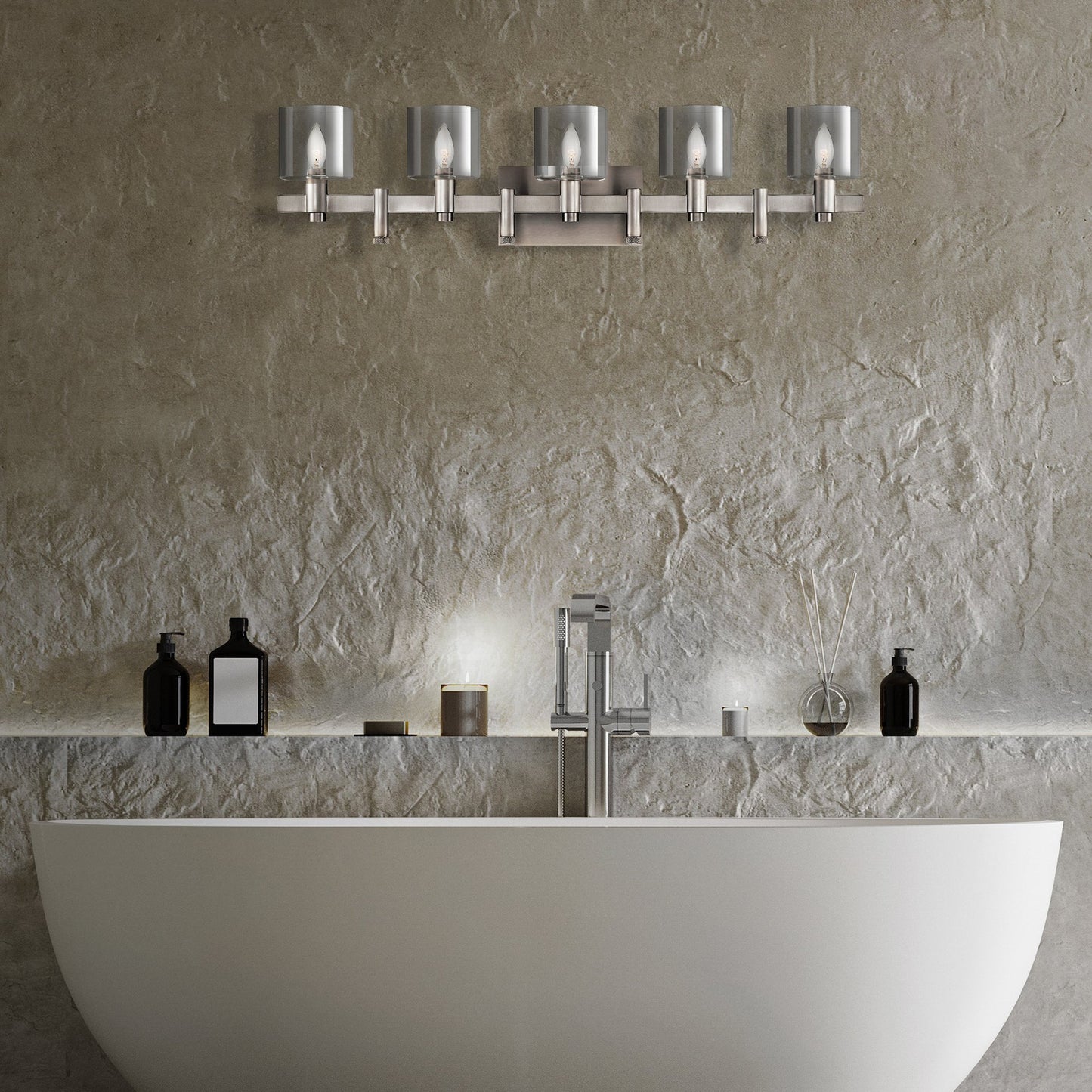 Eurofase Lighting Decato 38" 5-Light Satin Nickel Bath Bar With Clear Glass Shades
