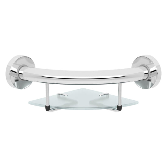 Evekare 10" Polished Stainless Steel Concealed Mount Corner Grab Bar With Integrated Glass Shelf