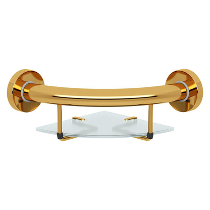 Evekare 10" Stainless Steel Concealed Mount Corner Grab Bar With Integrated Glass Shelf in Gold