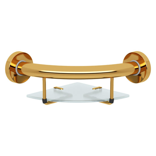 Evekare 10" Stainless Steel Concealed Mount Corner Grab Bar With Integrated Glass Shelf in Gold