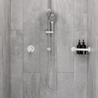 Evekare 10" Stainless Steel Concealed Mount Corner Grab Bar With Integrated Glass Shelf in White