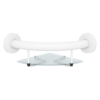Evekare 10" Stainless Steel Concealed Mount Corner Grab Bar With Integrated Glass Shelf in White