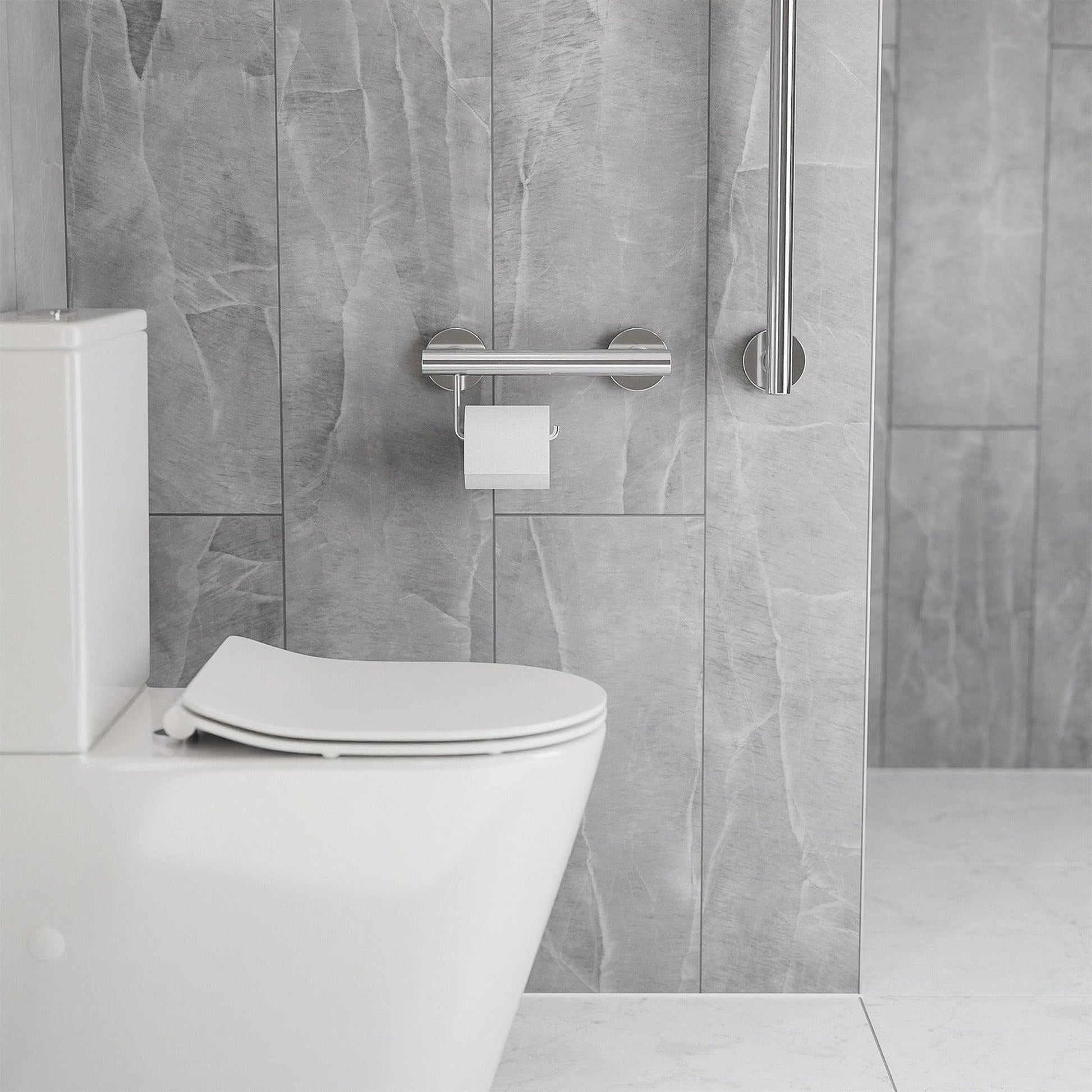 Evekare 12" Polished Stainless Steel Concealed Mount Grab Bar With Integrated Toilet Roll Holder