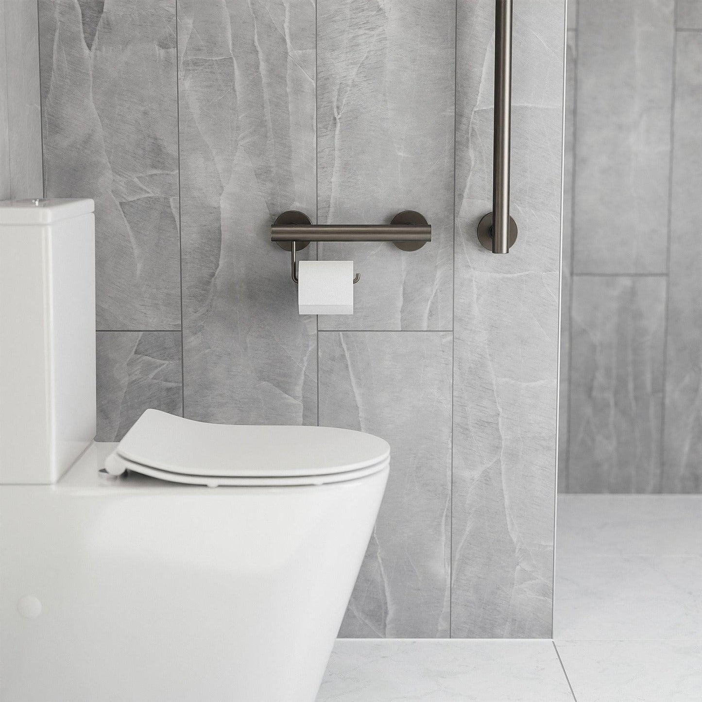 Evekare 12" Stainless Steel Concealed Mount Grab Bar With Integrated Toilet Roll Holder in Gunmetal