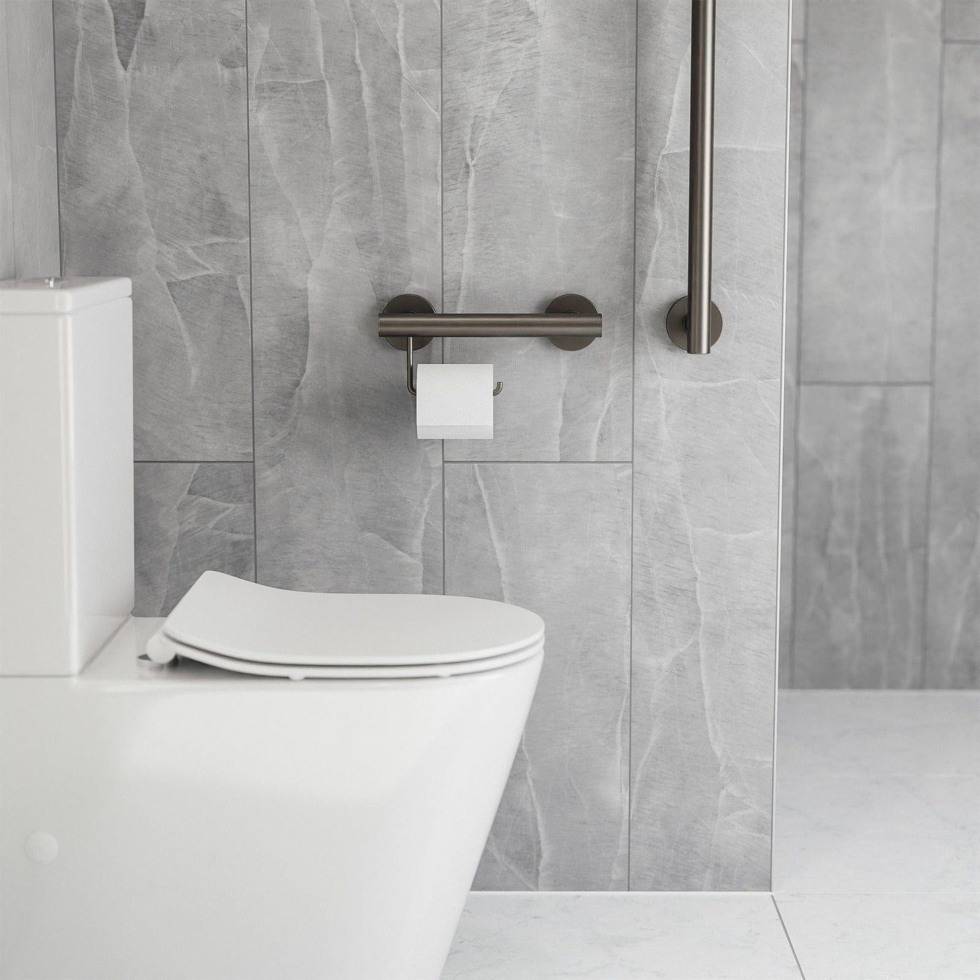 Evekare 12" Stainless Steel Concealed Mount Grab Bar With Integrated Toilet Roll Holder in Gunmetal