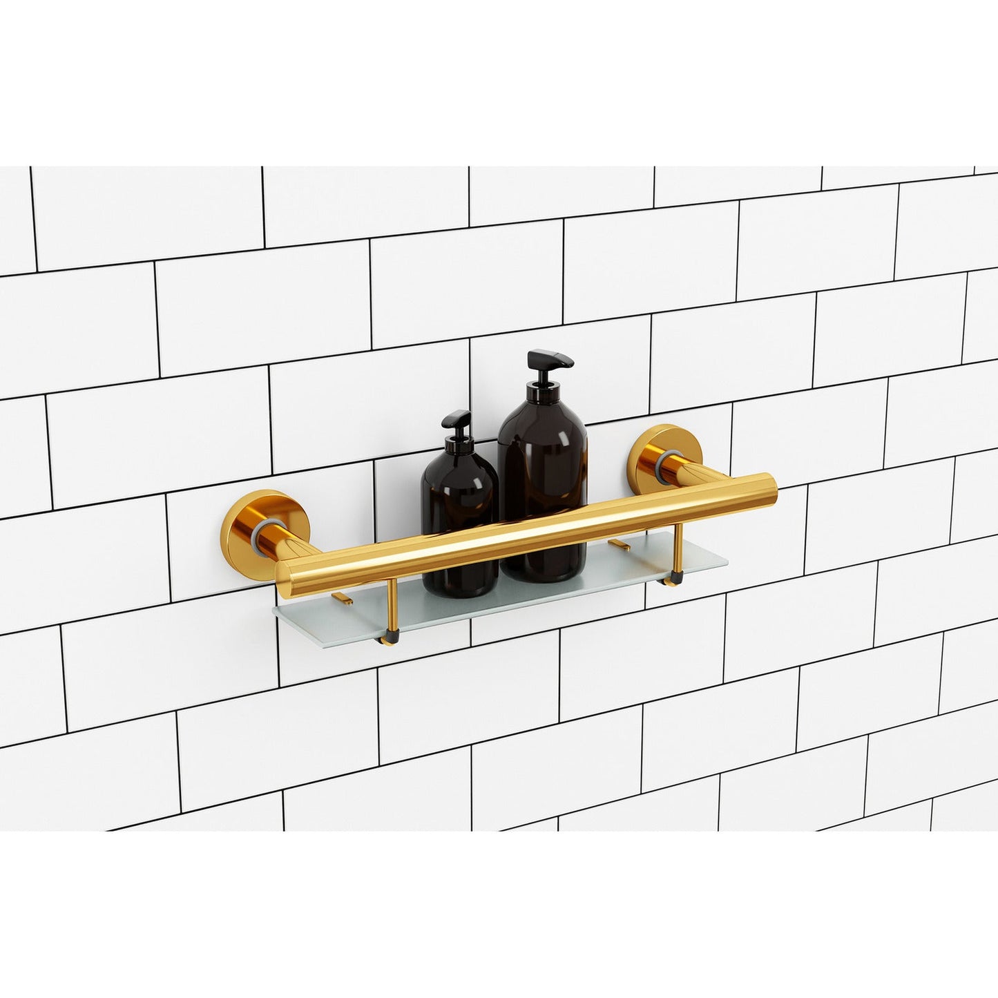 Evekare 19" Stainless Steel Concealed Mount Shower/Bath Grab Bar With Integrated Glass Shelf in Gold