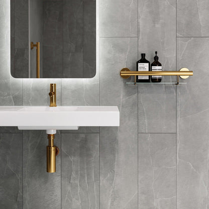 Evekare 19" Stainless Steel Concealed Mount Shower/Bath Grab Bar With Integrated Glass Shelf in Gold