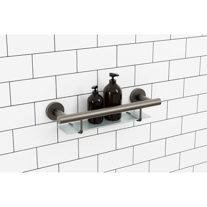 Evekare 19" Stainless Steel Concealed Mount Shower/Bath Grab Bar With Integrated Glass Shelf in Gunmetal