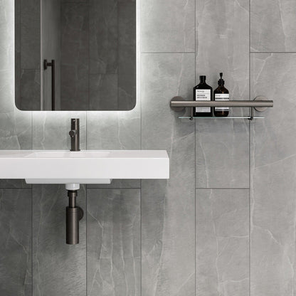 Evekare 19" Stainless Steel Concealed Mount Shower/Bath Grab Bar With Integrated Glass Shelf in Gunmetal