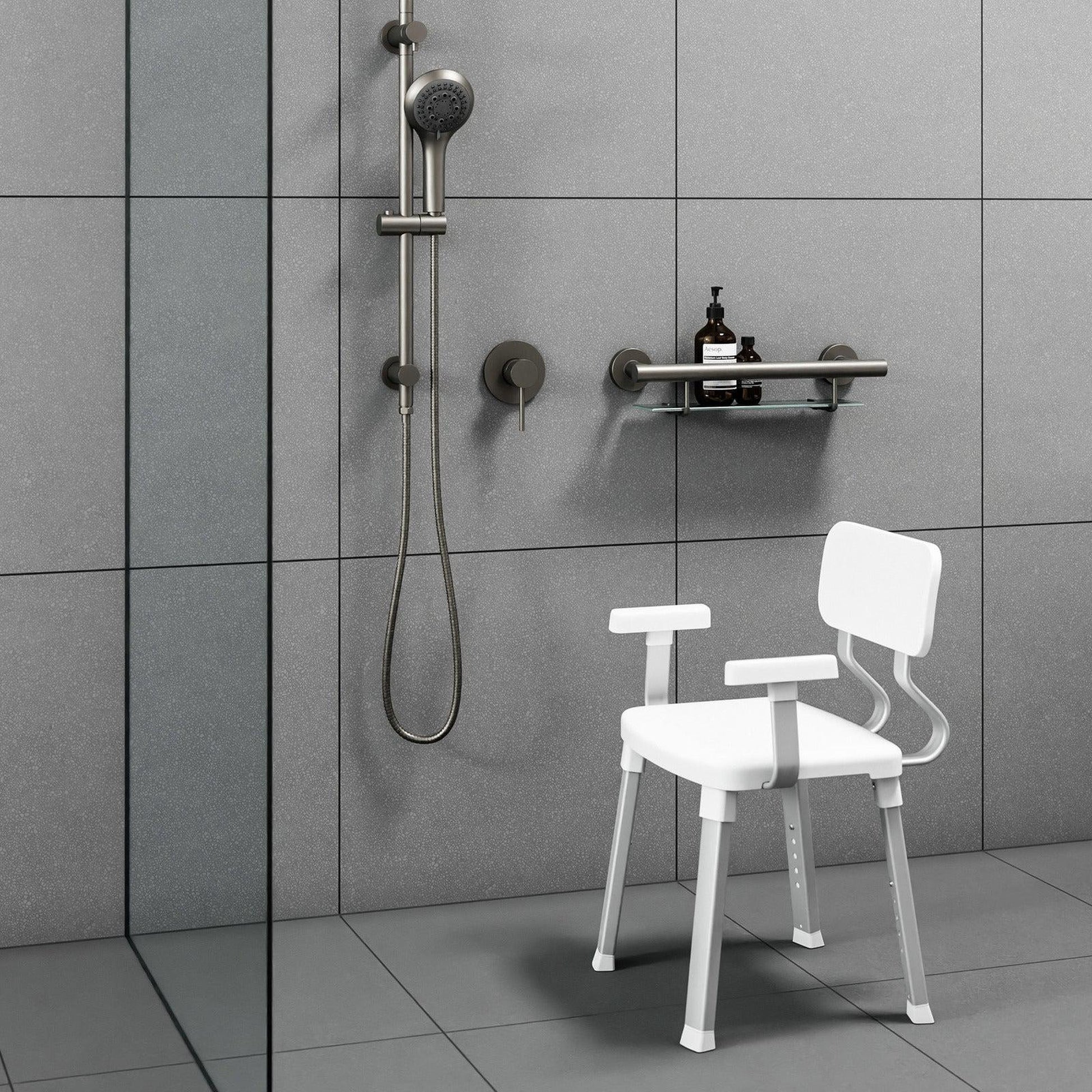 Evekare 19" Stainless Steel Concealed Mount Shower/Bath Grab Bar With Integrated Glass Shelf in Gunmetal