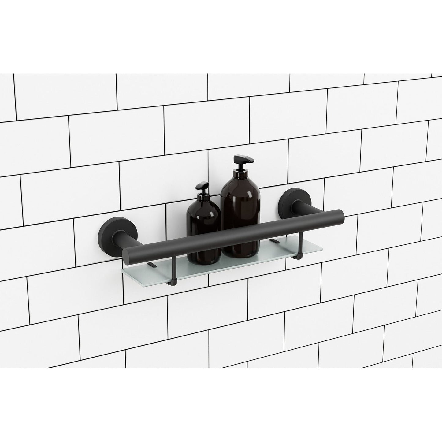 Evekare 19" Stainless Steel Concealed Mount Shower/Bath Grab Bar With Integrated Glass Shelf in Matte Black