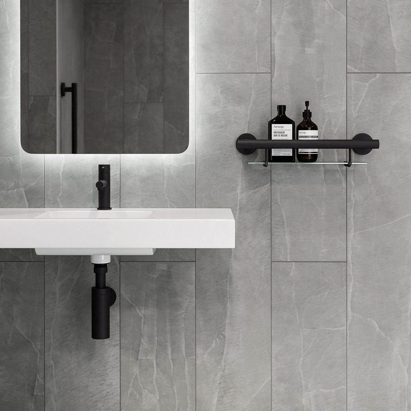 Evekare 19" Stainless Steel Concealed Mount Shower/Bath Grab Bar With Integrated Glass Shelf in Matte Black